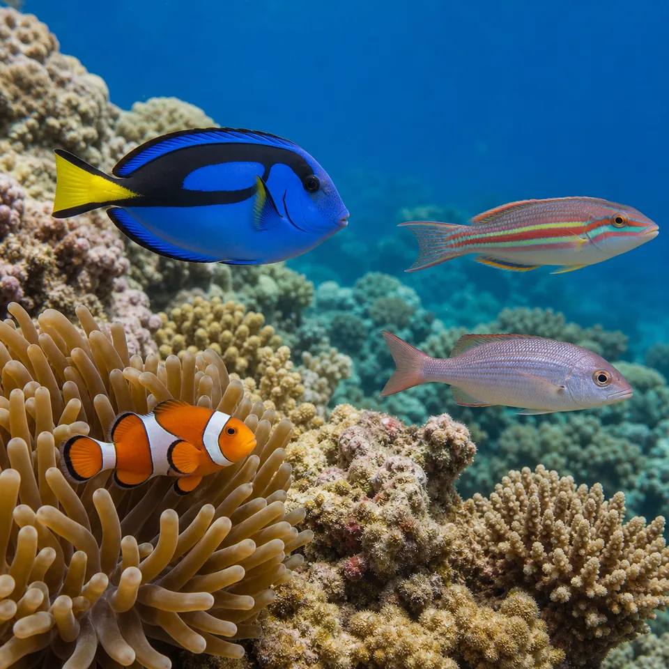 Illustrative comparison of clownfish, tang, wrasse, and snapper-like marine fish on a coral reef