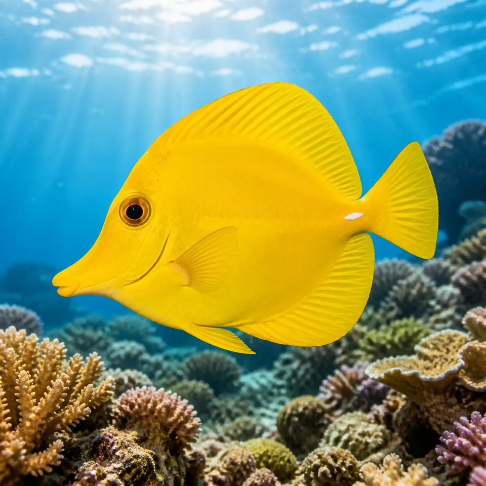 Illustrative yellow tang swimming above a coral reef