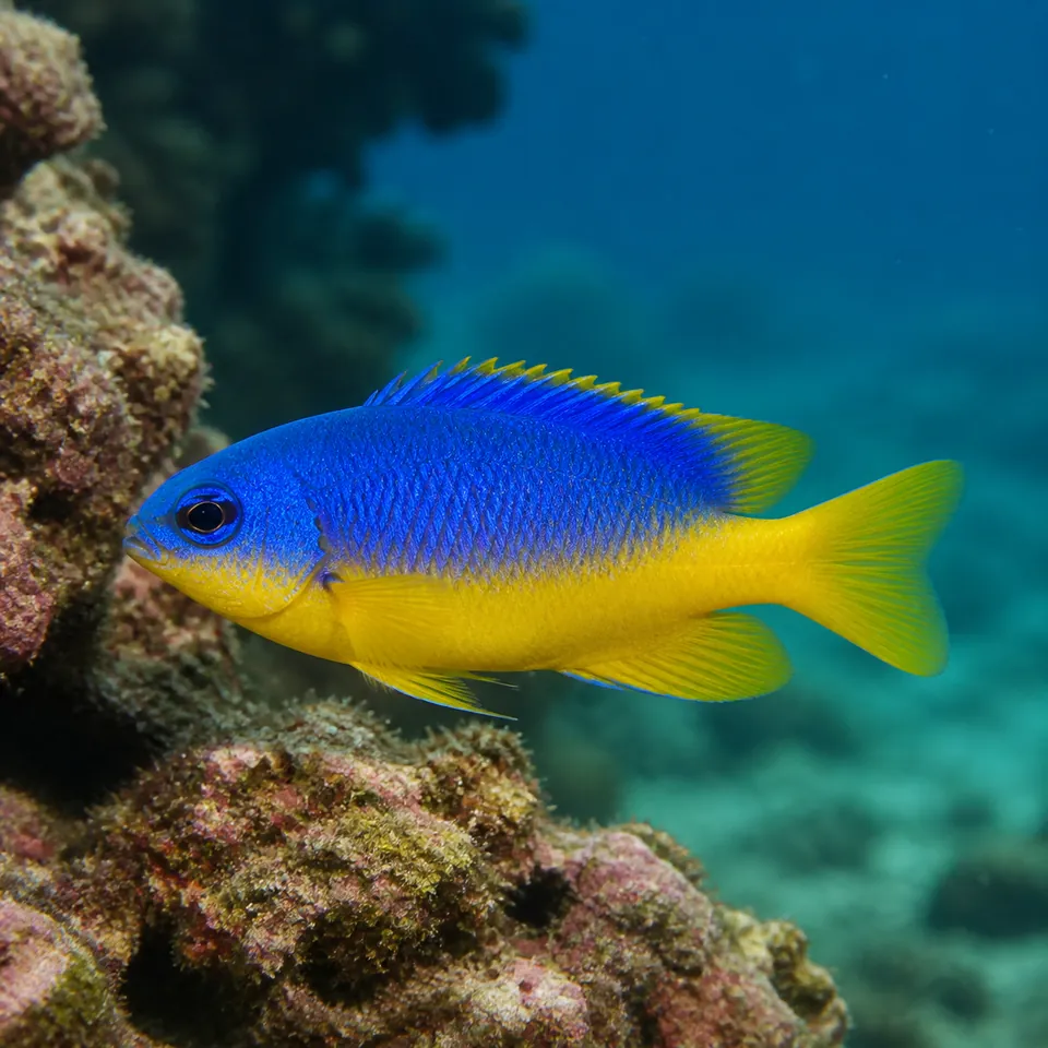 Illustrative blue and yellow marine fish in a clear side profile near a coral reef edge